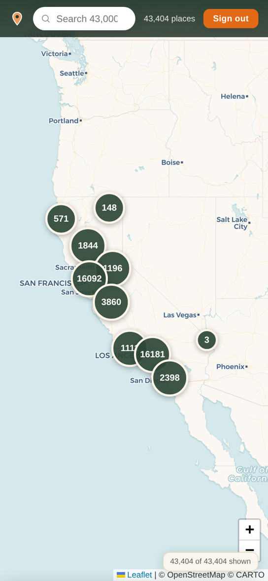 The CalRoam web map — 43,404 historic places across California